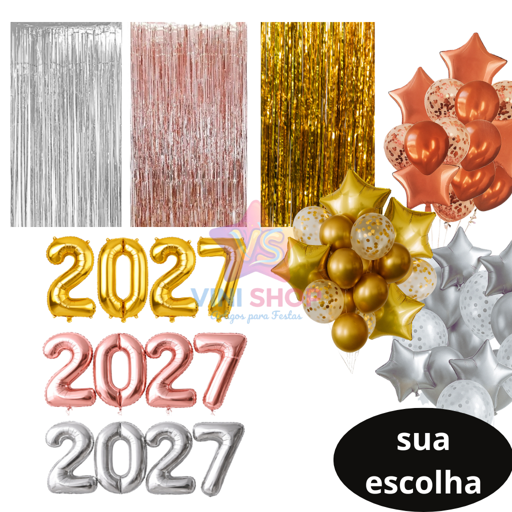 Kit Ano Novo C/ 14 Balões + 2 Cortinas Metalizadas + 4 Numeros de 16'' ou 32'' em Oferta na Shopee