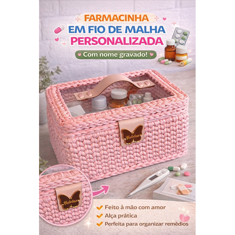 Farmacinha Kit Higiene Bebê em Fio de Malha Personalizada | Caixa Organizadora com Tampa em Acrílico | Porta Remédios
