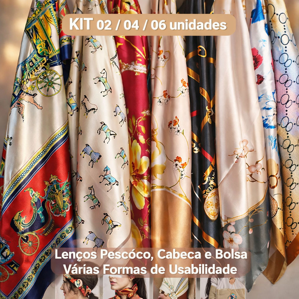Kit Lenços de Cetim Feminino Luxo | Estampas Modernas Sortidas | Toque Acetinado | Tendência 2026 encharp