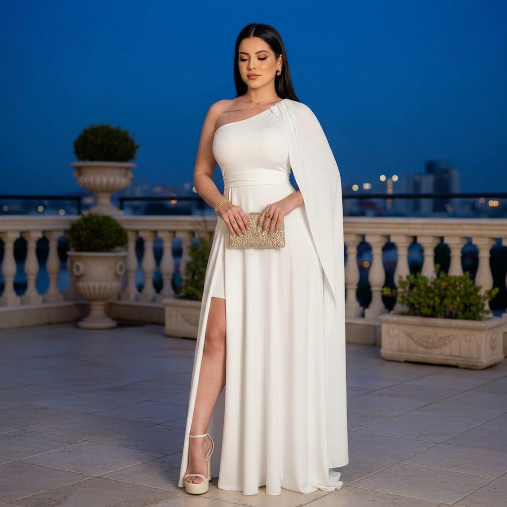 vestido feminino festa luxo elegante com capa e fenda um ombro só longo formatura madrinha casamento em Oferta na Shopee