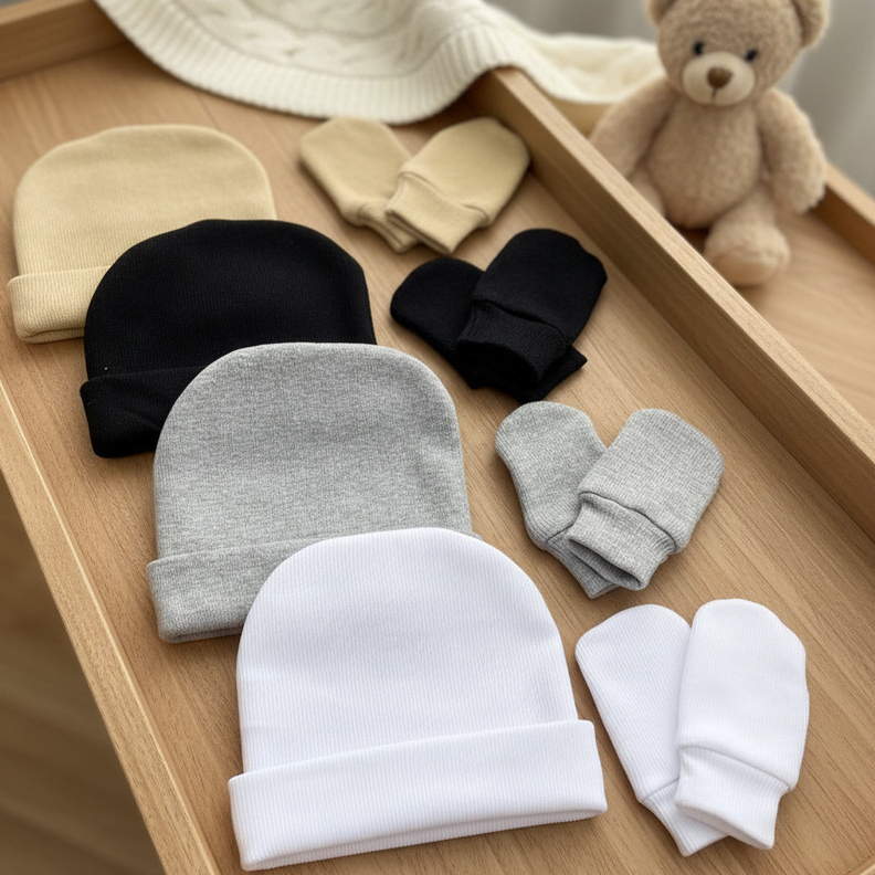 Kit 4 Touca de Bebê RN 4 Toucas + 4 Pares Luva RecémNascido Maternidade Enxoval Baby Algodão Premium