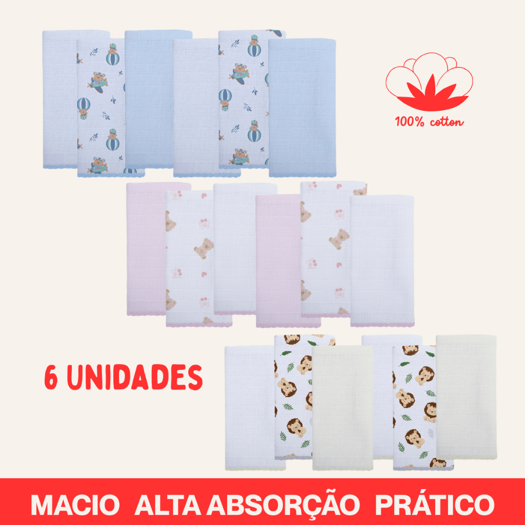 Kit Pano Paninho de Boca 6 unidades 100% Algodão Bublim Incomfral