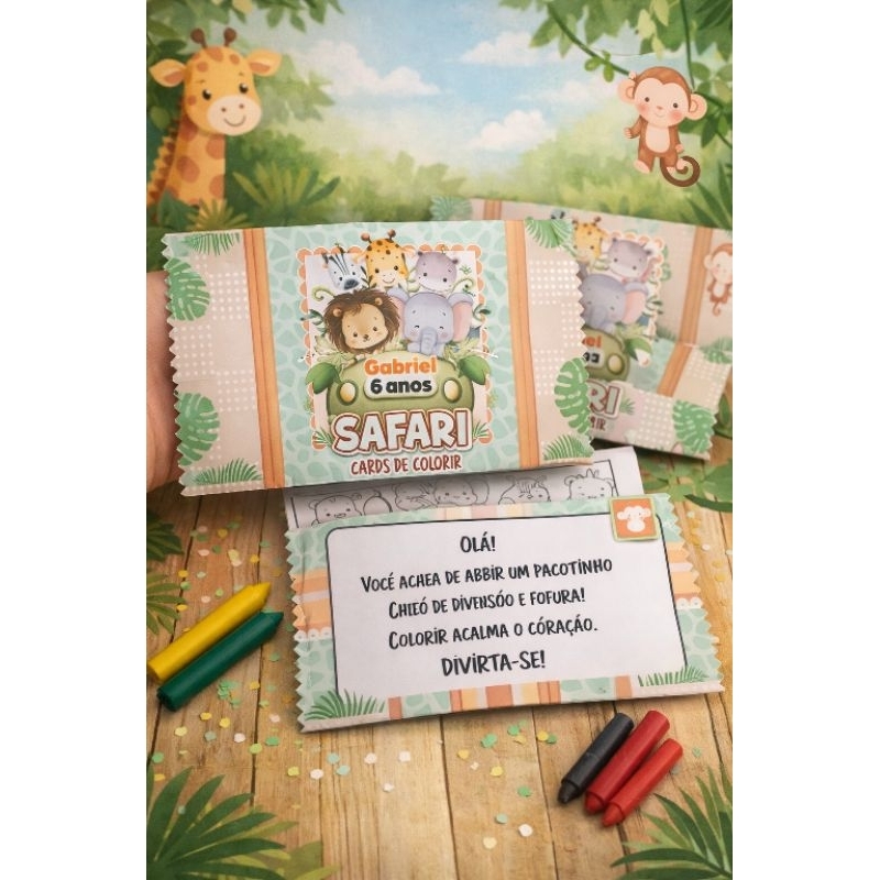 Kit Cards Personalizados de Colorir e Pintar- Lembrancinhas de Aniversário - Festa Infantil - Tema Safari - Cards Safari