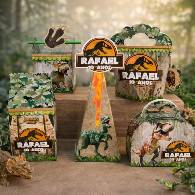 Kit caixinhas personalizadas tema Jurassic park/dinossauros(PEGUE MONTE) para lembrancinha de festa/ chá de bebê/ doces.