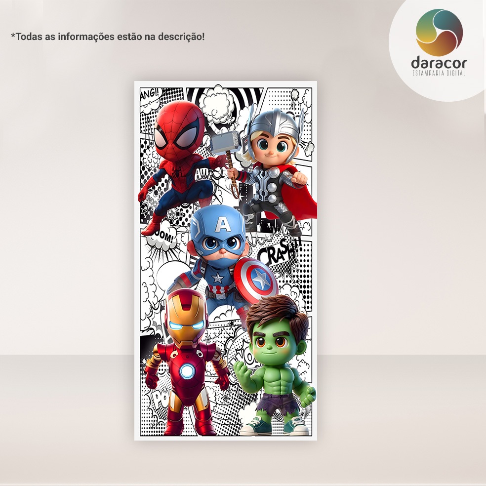 Capa de Painel Vertical Herois Baby Comics P&B Retangular c/ overloque e Romano c/ elástico FACE ÚNICA