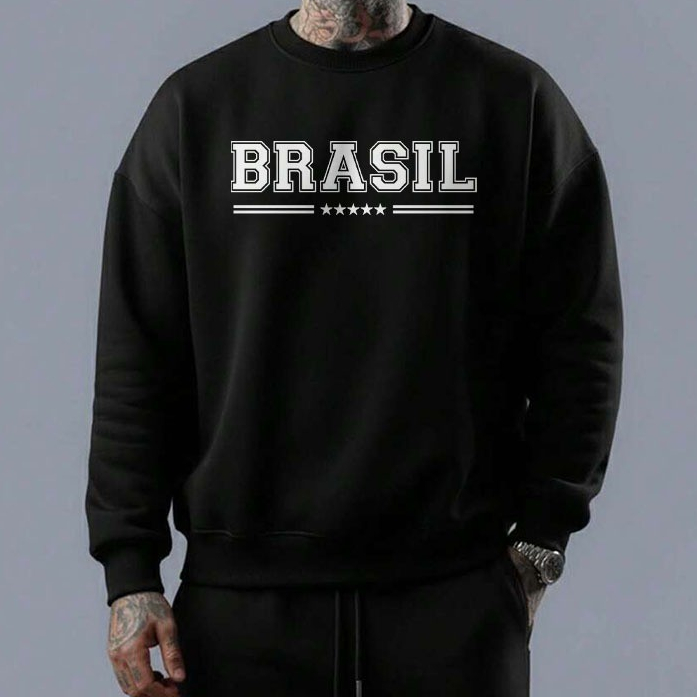 Moletom Gola Careca Redonda Unissex Brasil 5 Estrelas Algodão 30.1