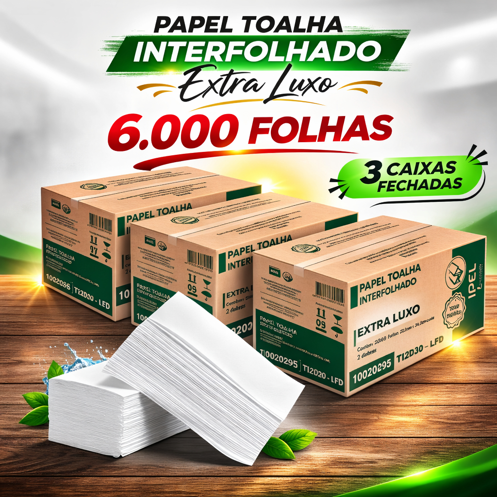 6.000 FOLHAS Papel Toalha Interfolha Extra Luxo FOLHA DUPLA Ipel - 3 CAIXAS FECHADAS