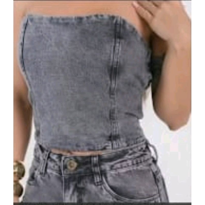 Conjunto Femenino Jeans - Cropped Elásticos Colete e Calça Winde Leg Cintura Alta em Oferta na Shopee