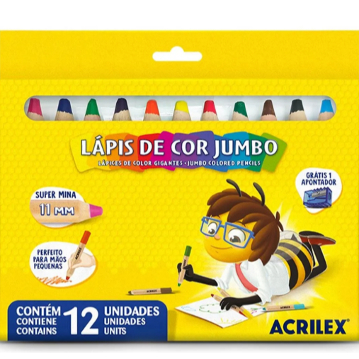 Lápis de Cor Jumbo Acrilex – 12 Cores + Apontador de Brinde