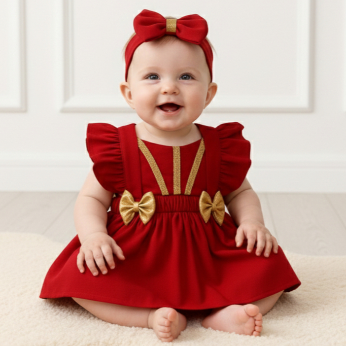 Macacão Body Macaquinho Saia Jardineira Vestido + Laço de Cabelo Bebê Infantil Natal Ensaio Fotos