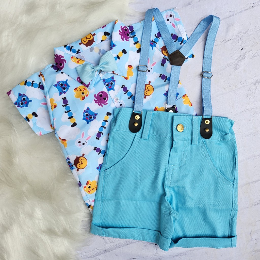 Roupa Bolofofos Menino Conjunto Temático Infantil Social Festa Aniversário Com Suspensório e Gravata Kit Completo