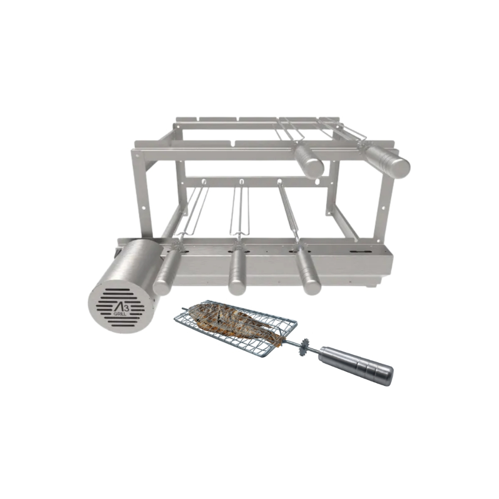 Churrasqueira Grill Giratório Tradicional Inox para 4 Espetos + Grelha De Peixe Frango e Coraçãozinho