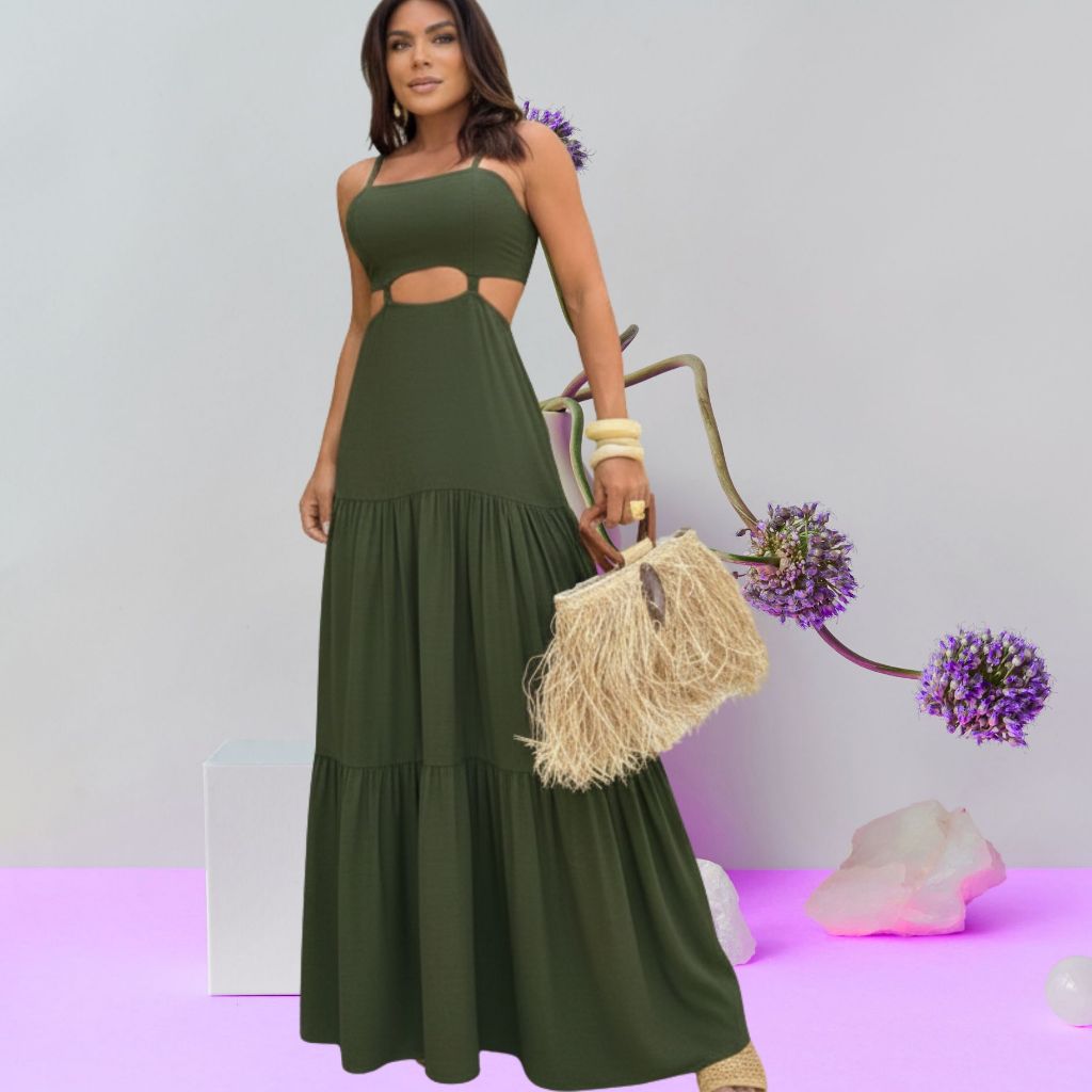 Vestido Longo Viscolinho Feminino com Bojo Liso Alça Regulável Confortável