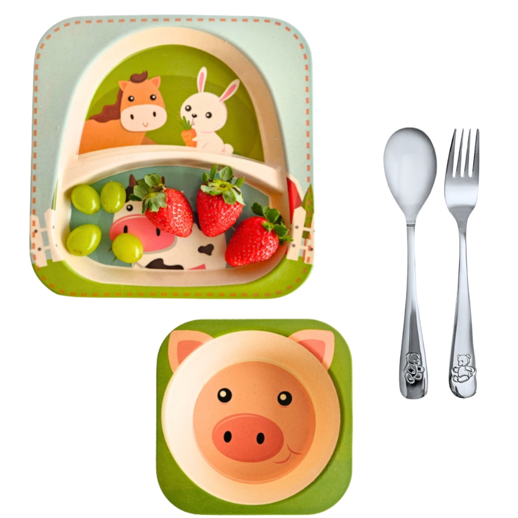 Prato infantil com divisoria kit pratinho com talher e tigela para bebê e criança fibra de bambu em Oferta na Shopee