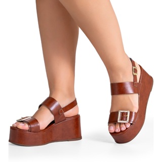 Sandália Feminina Lumiss Anabela Plataforma Confortável Fivela Caramelo em Oferta na Shopee