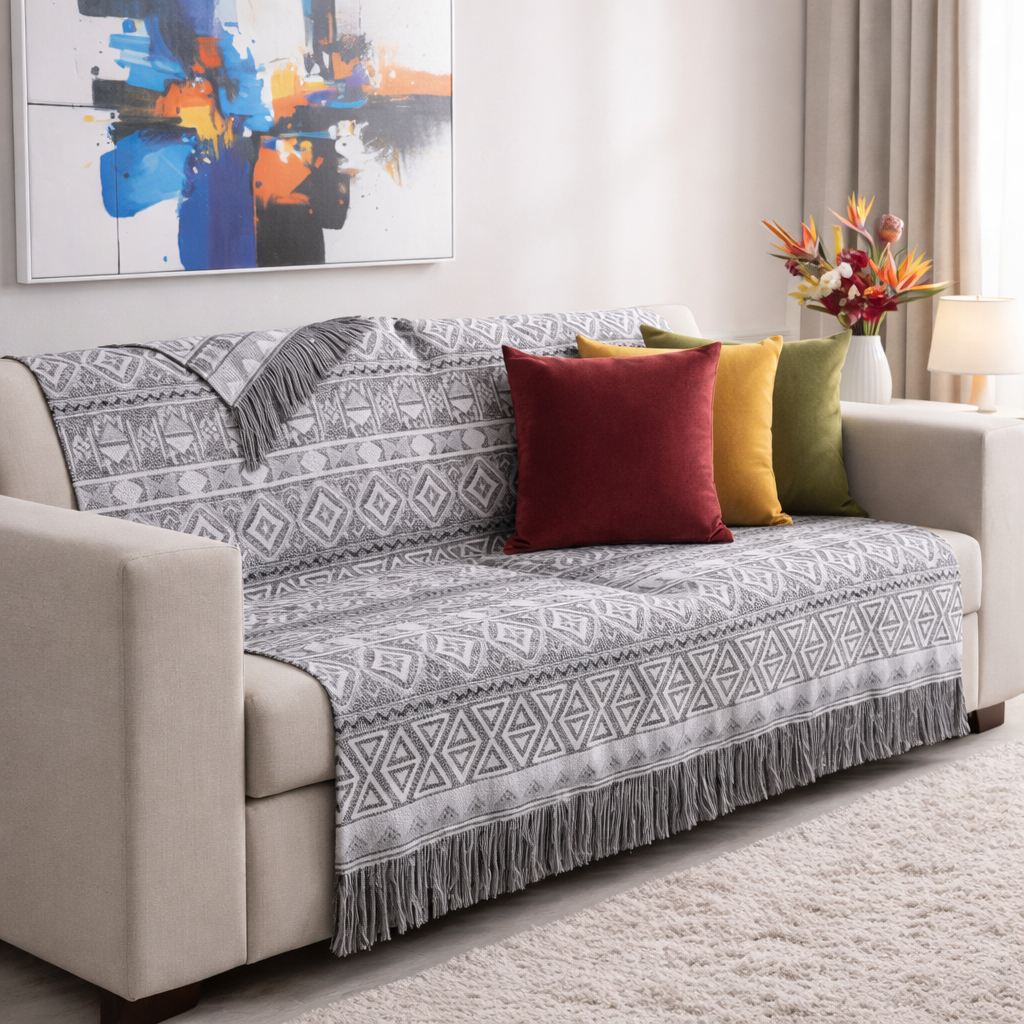 Xale Para Sofá Retrátil Manta Grande Com Franja 2,10x1,35  Protetor Poltrona Cama Jacquard