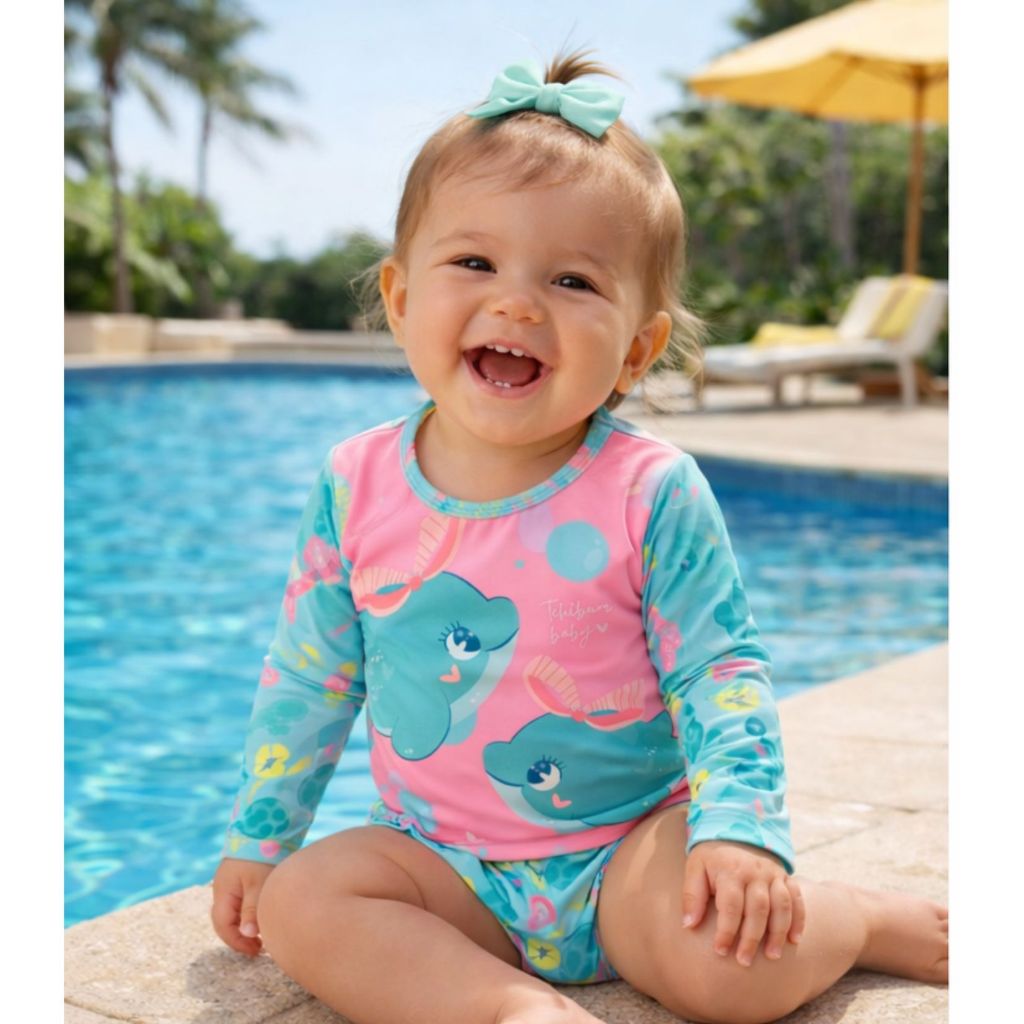 Conjunto Biquíni Manga Longa Bebê Moda Praia Feminino Proteção UV 50+ Menina