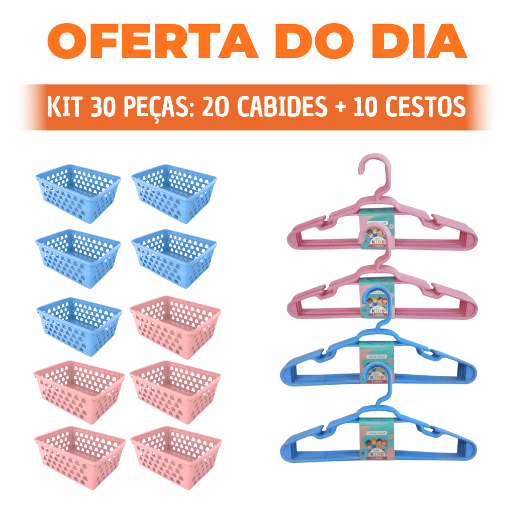 Kit 10 Cestos Organizador Pequeno Multiuso Rosa + 20 Cabides Infantil Bebê Rosa