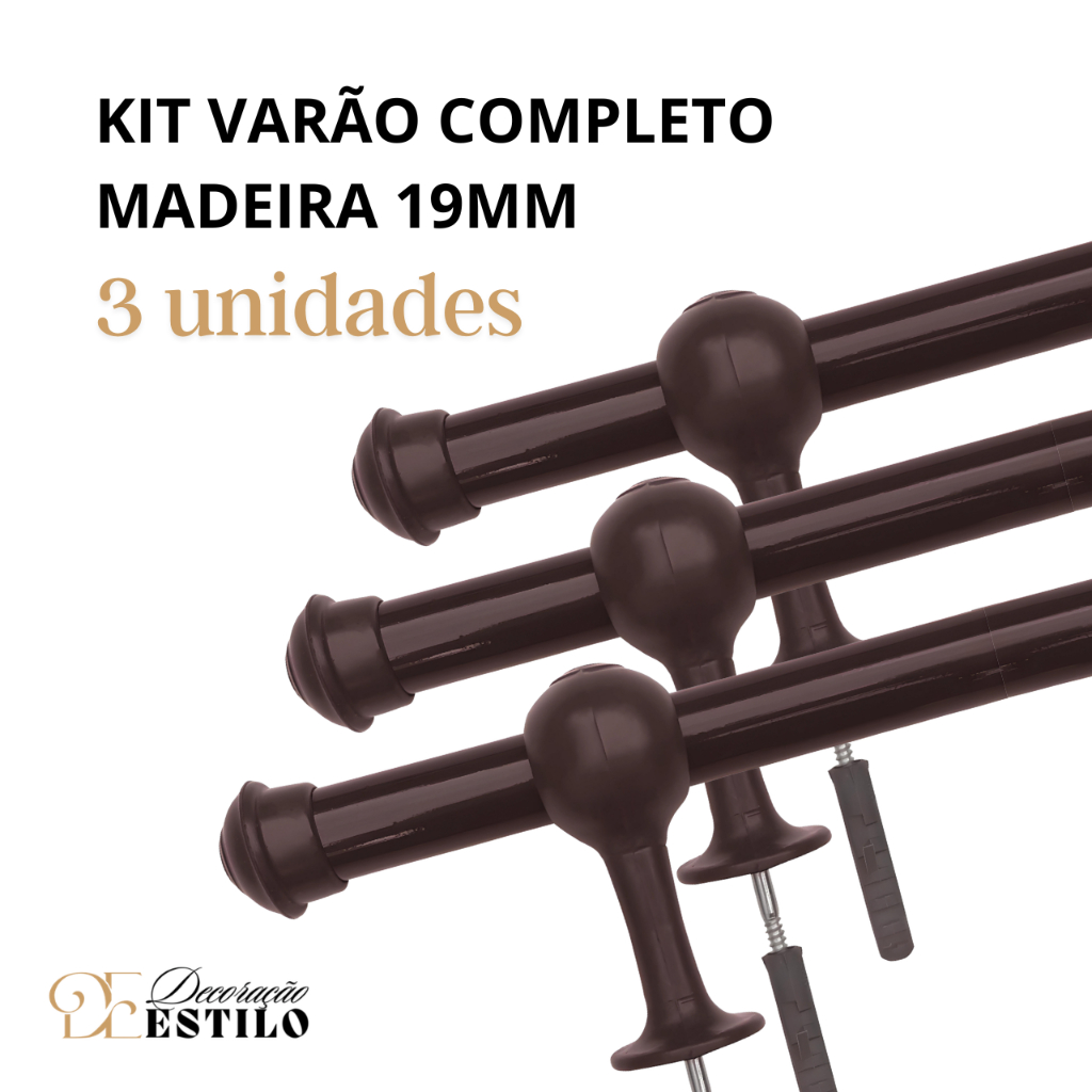 Kit Varão de Cortina em Madeira 2,40m por 19mm Kit Com 3 Unidades.