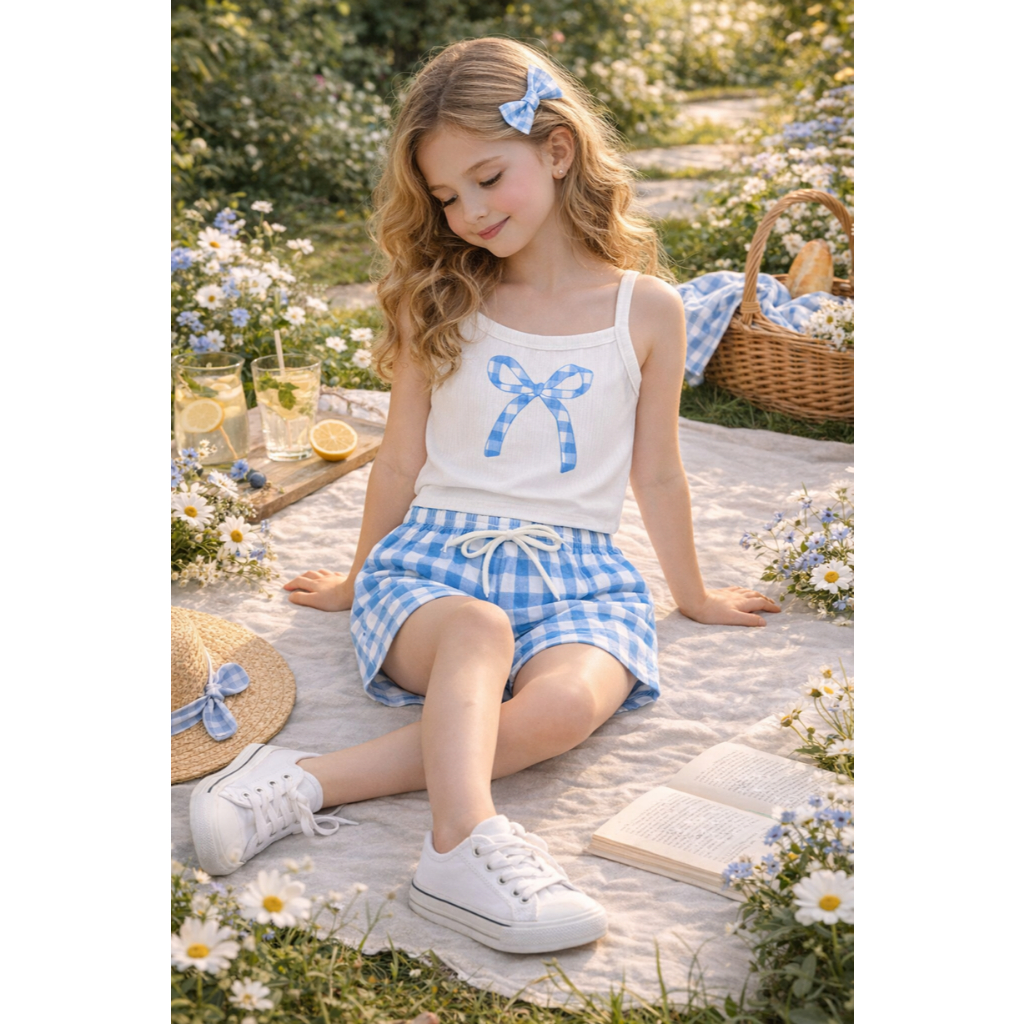 Conjunto Infantil Menina Verão Blusa de Alça com Estampa Laço e Bermuda Meia Malha Xadrez