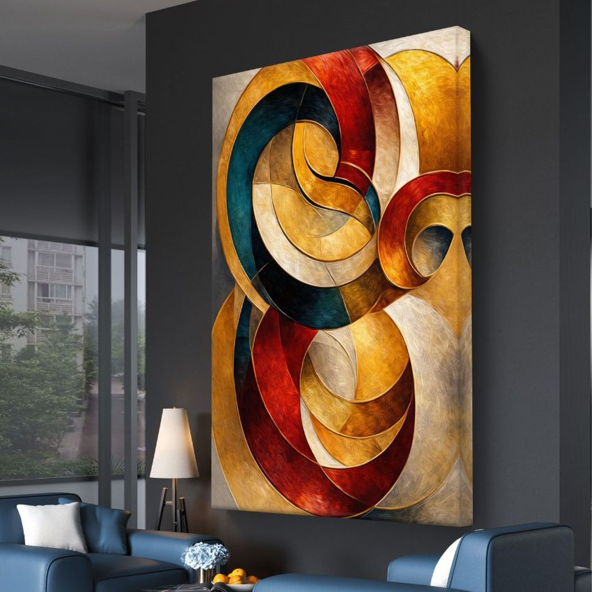 Quadro Decorativo Abstrato Moderno Dourado Vermelho Geométrico MDF 110x70 Arte Luxo Para Sala Quarto