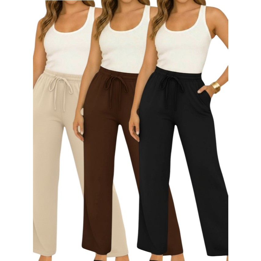 Kit 3 Calça Feminina Pantalona Duna Com Bolso Cintura Alta PROMOÇÃO