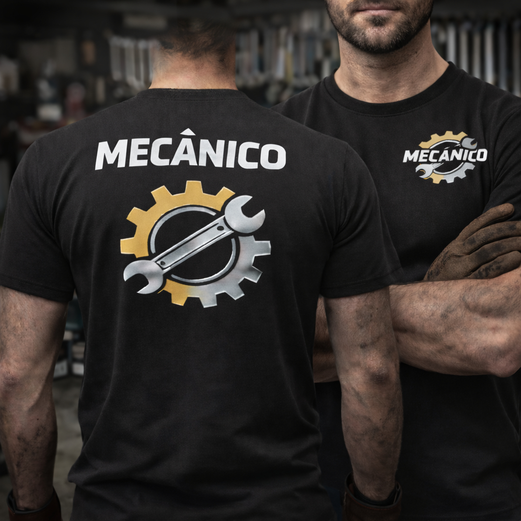Camiseta Mecânico Profissional 100% Algodão – Estampa Engrenagem Oficina Uniforme