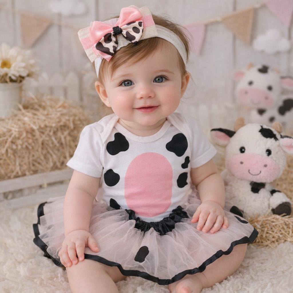 Kit body bebe temático mesversario fantasia VAQUINHA/ BEZERRO menina body + saia + laço