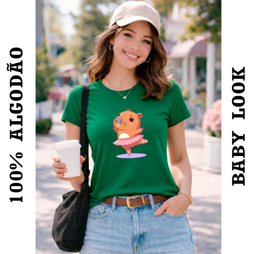 Camiseta Baby Look Capivara Bailarina Camisa Algodão Feminina Confortável