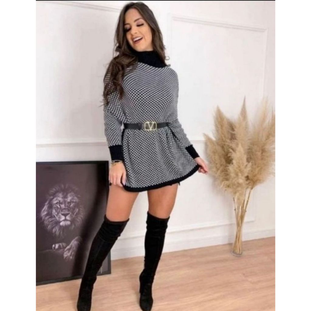Poncho de Tricot Vestido Roupas Femininos Blusa Xadrez Gola Alta Trico Blusão em Oferta na Shopee