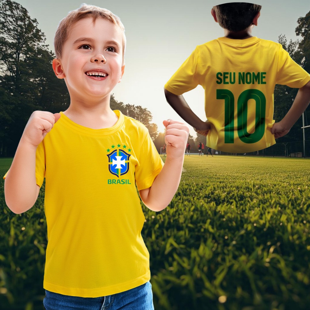 Camiseta Infantil Brasil PERSONALIZADA Bola Futebol Ney Menino Menina Copa do Mundo 100% Algodão 2026
