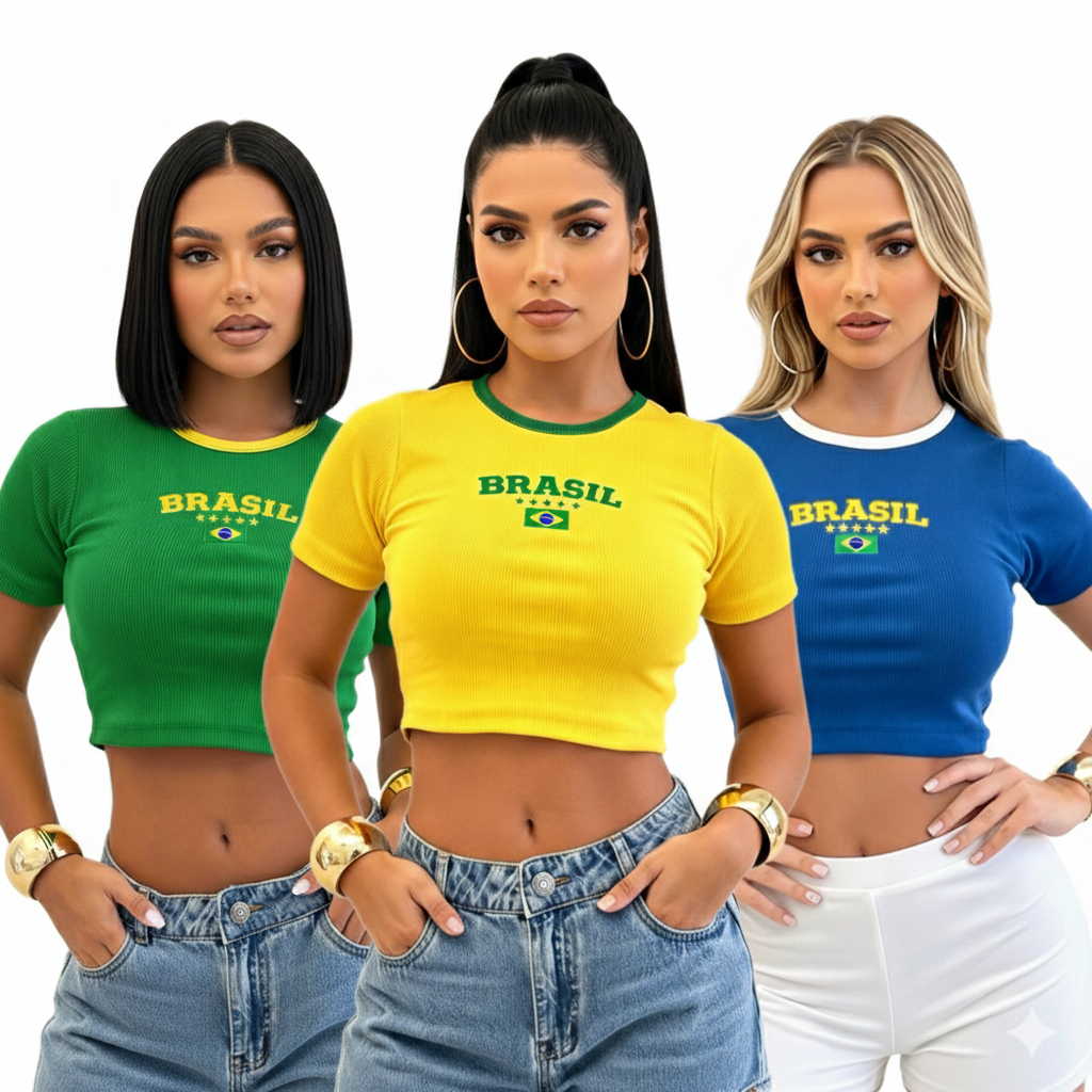 Cropped Top Blusinha Blusa Brasil Torcida Copa do mundo Tendencia Ribana Canelado Bordado