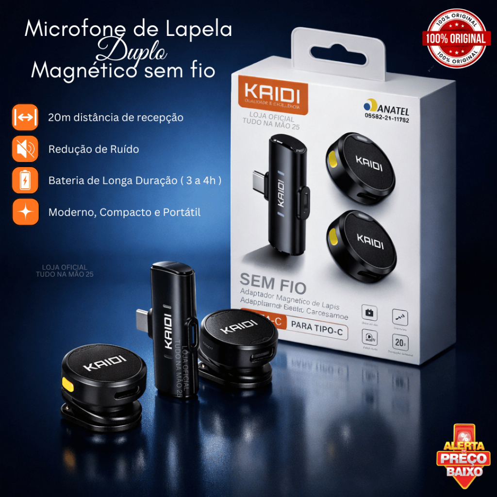 [OFERTA] Microfone de Lapela Duplo Bluetooth s/ fio Portátil Anti Ruído com Imã 20m Distância Até 4h