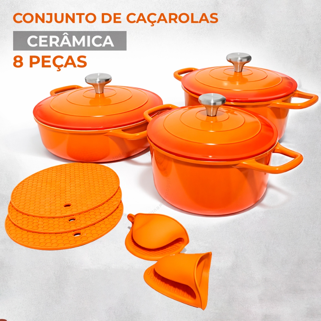 Conjunto Caçarola de Ceramica Revestimento Indução 2 Pegadores + 3 Descansos 2,7L 3,4L 4,5L