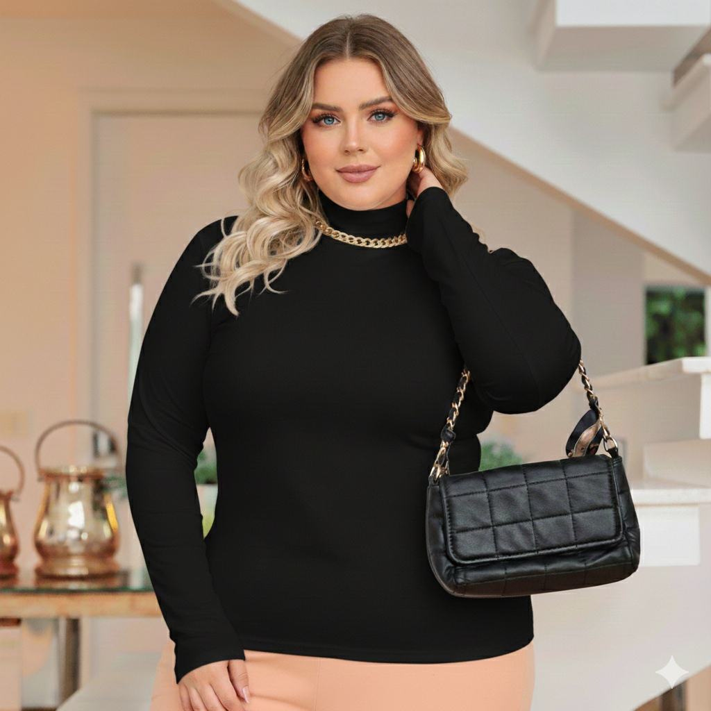 Blusa Segunda Pele Gola Alta  Manga Longa Plus Size em Oferta na Shopee