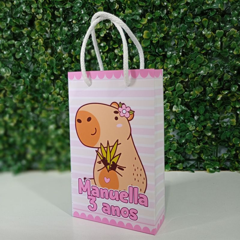 10/15/25 SACOLINHA SURPRESA CAPIVARA ROSA MENINA LEMBRANCINHA PERSONALIZADA FESTA INFANTIL ANIVERSÁRIO PEGUE E MONTE