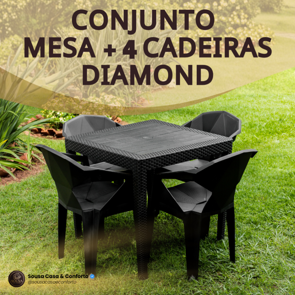 Conjunto Mesa com 4 Cadeiras Poltrona Reforçada Diamond Jantar Área Jardim Salão Casa Lazer Piscina