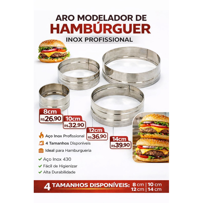 Aro Modelador de Hambúrguer Inox Profissional 8 10 12 14cm Modelador Carne Burger Lanchonete
