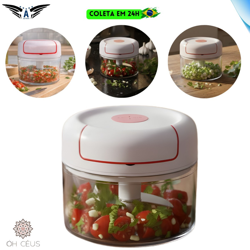 Mini Processador Manual ÓH CÉUS Triturador Picador 3 Lâminas Inox Corda Retrátil Alho Cebola Temperos