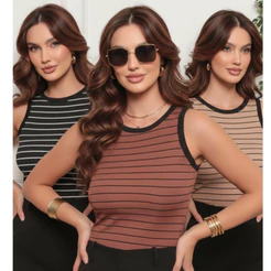 KIT 3 Blusinhas Regata Listrada Camiseta Basica Ribana Sem Manga Moda Blogueira Tendencia Feminina