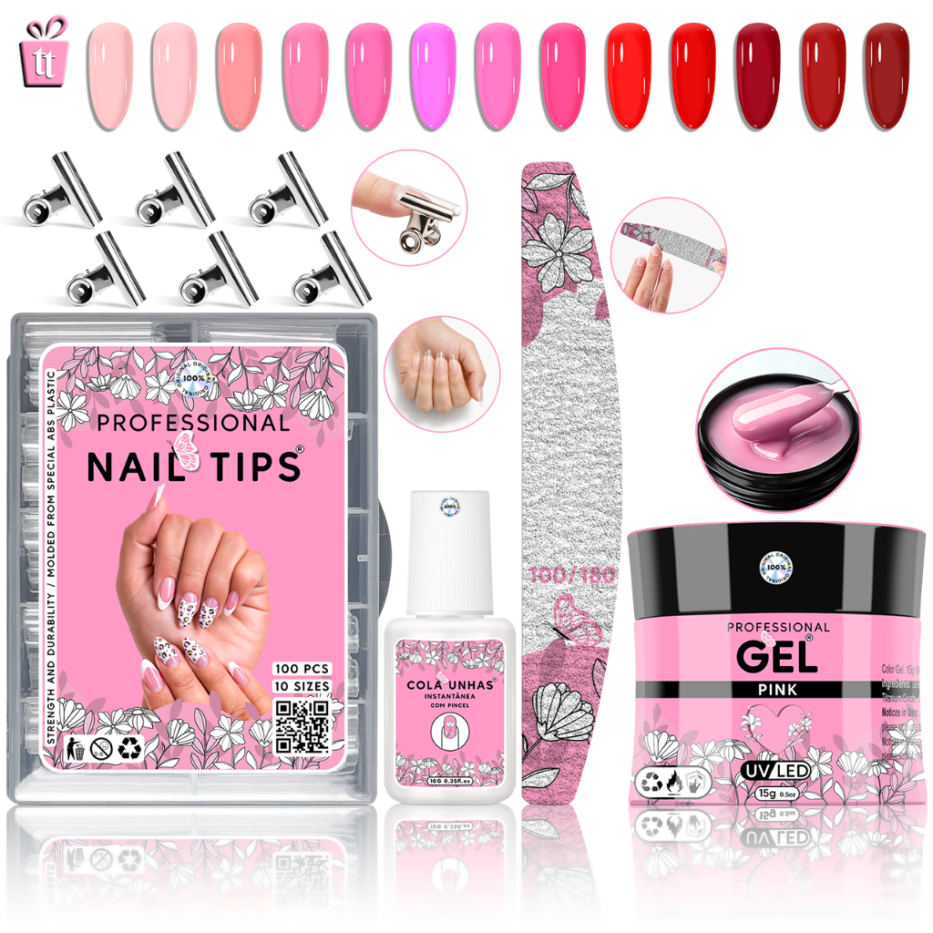 Kit Manicure Alongamento De  Unha Com 100 Tips Postiça Curva C + Cola Pincel + 1x lixa 100 180 + Gel Led UV