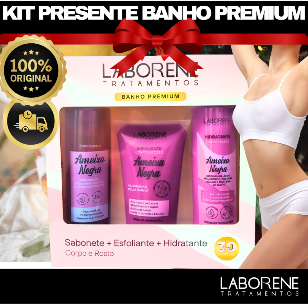 Kit Presente Banho Premium, Esfoliante 170g + Sabonete 200ml + Hidratante 200ml em Oferta na Shopee