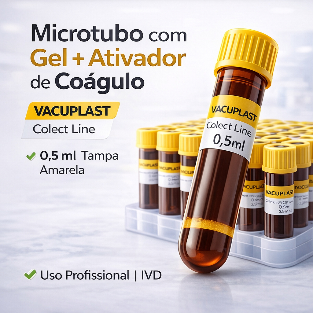 Microtubo Coleta de Sangue com Gel e Ativador de Coágulo 0,5ml Tampa Amarela Caixa 50 Unidades Uso Laboratorial