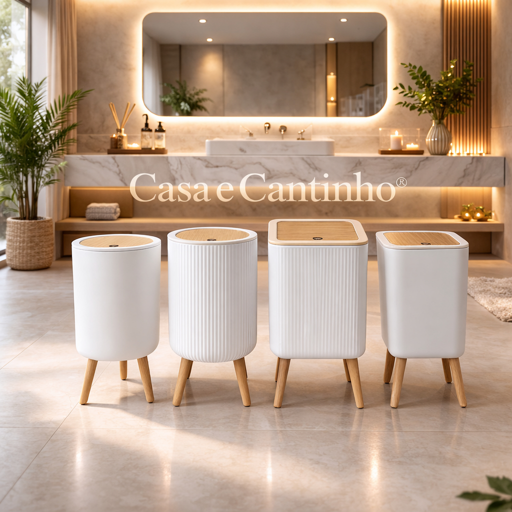 Lixeira De Plástico 9/8 Litros Branca Com Pés De Bambu Tampa Click De Pressão Cozinha Banheiro em Oferta na Shopee