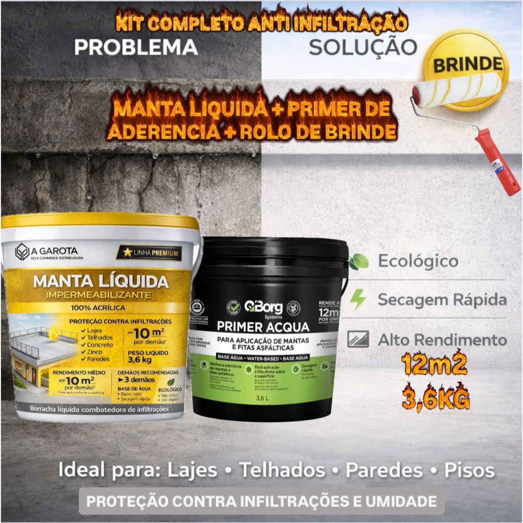 Kit Manta Líquida 3,6kg + Primer 3,6L + Rolo Anti Infiltração Lajes Telhados Pisos De Cerâmica