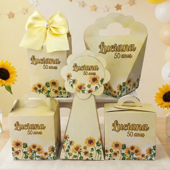 Kit Girassol Aquarela 50 Caixinhas Personalizadas para Festa Lembrancinhas Aniversário Pegue e Monte
