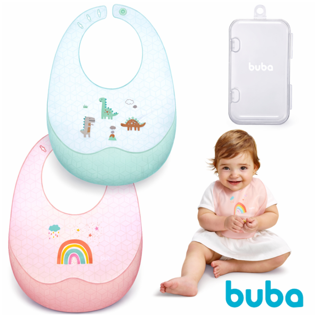 Babador em Silicone com Pega Migalhas Buba com Fecho Regulável e Estojo Portátil para Viagens