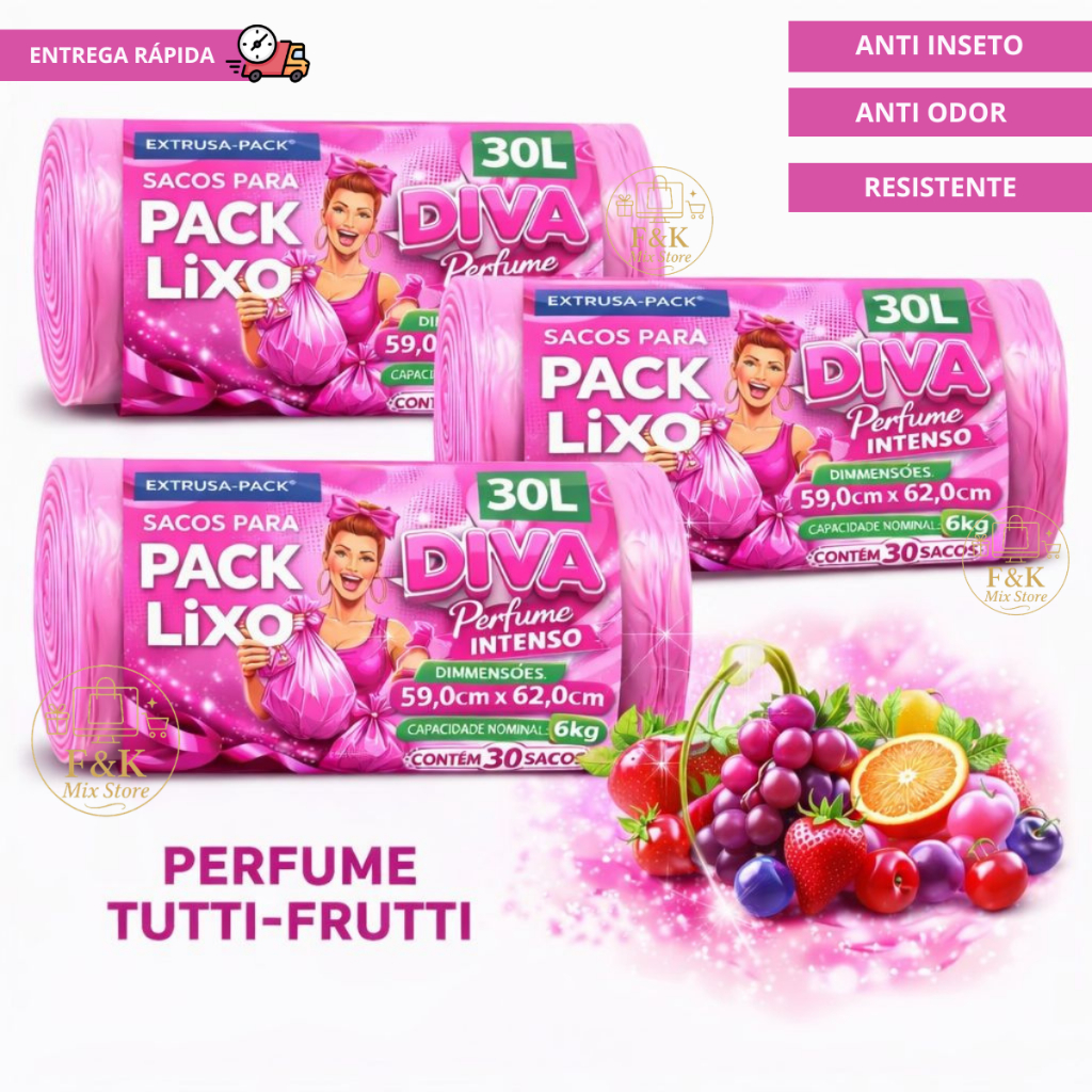 Saco de Lixo Perfumado Rosa Diva 30l Tutti Frutti Saco de lixo Cheiroso Intenso Neutraliza Odores