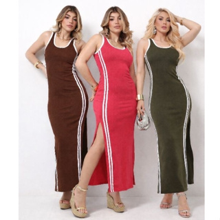 Vestido Regata  Longo Feminino com Listras Laterais Coladinho No Corpo – Confortável e Estiloso em Oferta na Shopee