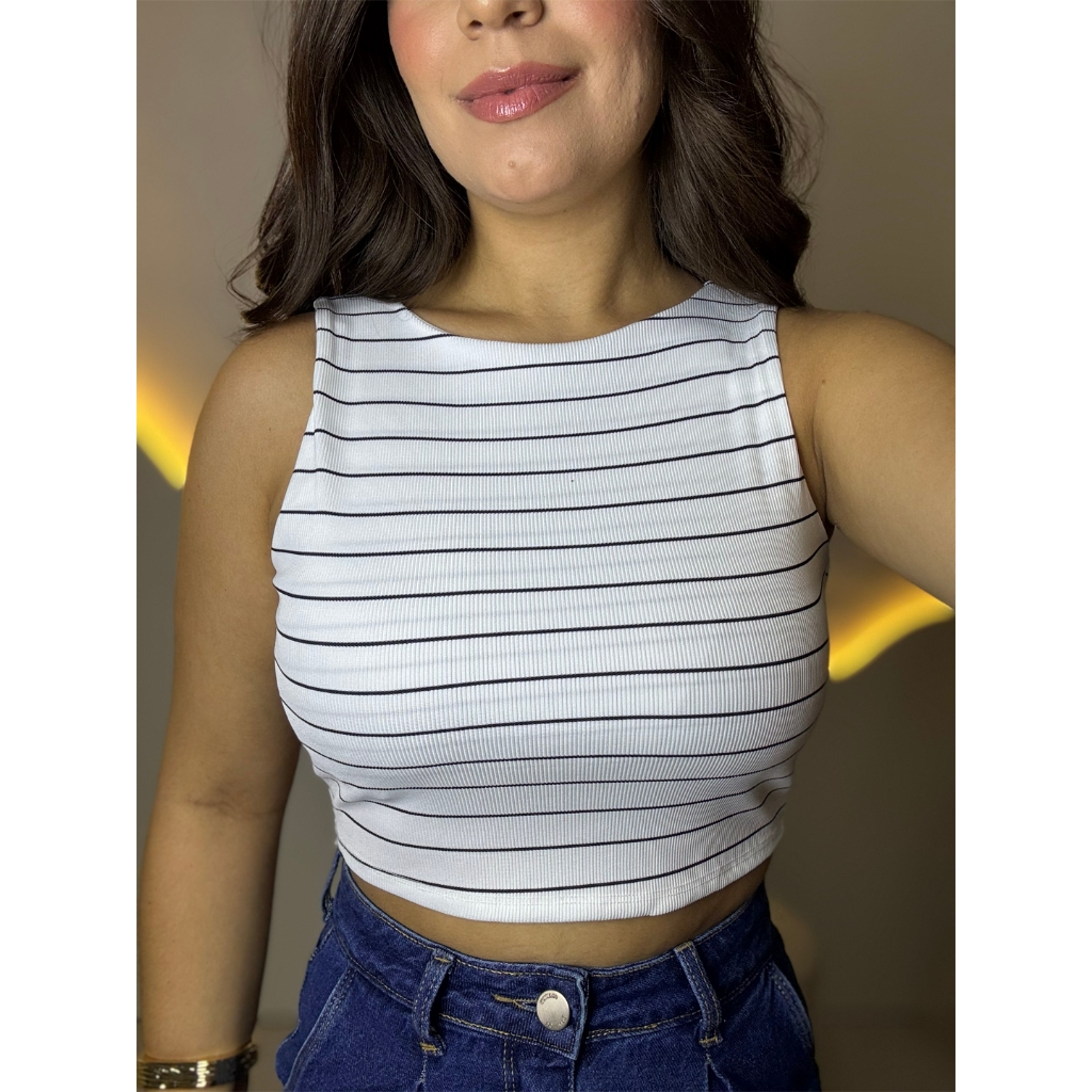 Cropped Top Regata Canelado Feminino Blusinha Básica Listrada Preto Branco